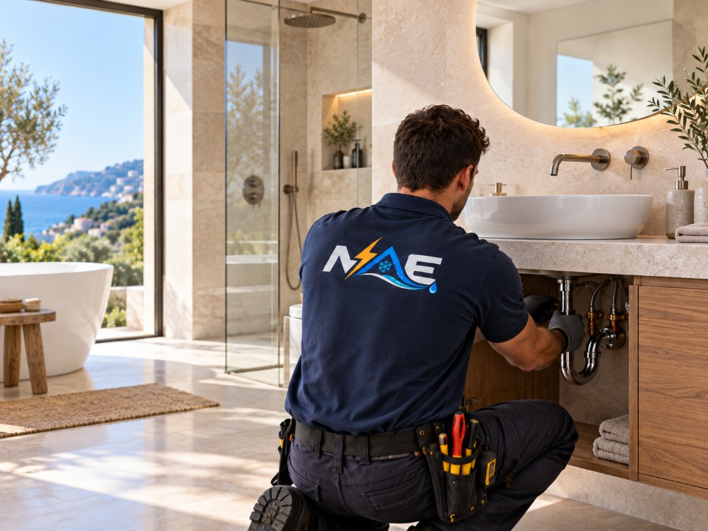 Technicien NAÉ en intervention plomberie sous un lavabo
